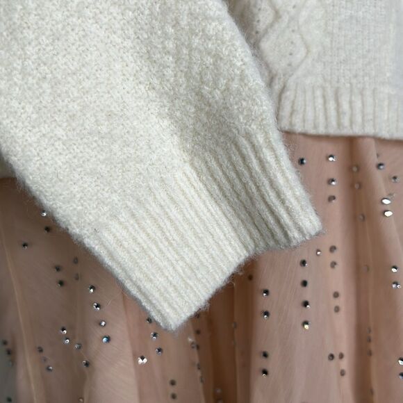 Anthropologie Ivory Cable-Knit Sweater w/ Rhinestone Peach Tulle – Size XS - Picture 8 of 16
